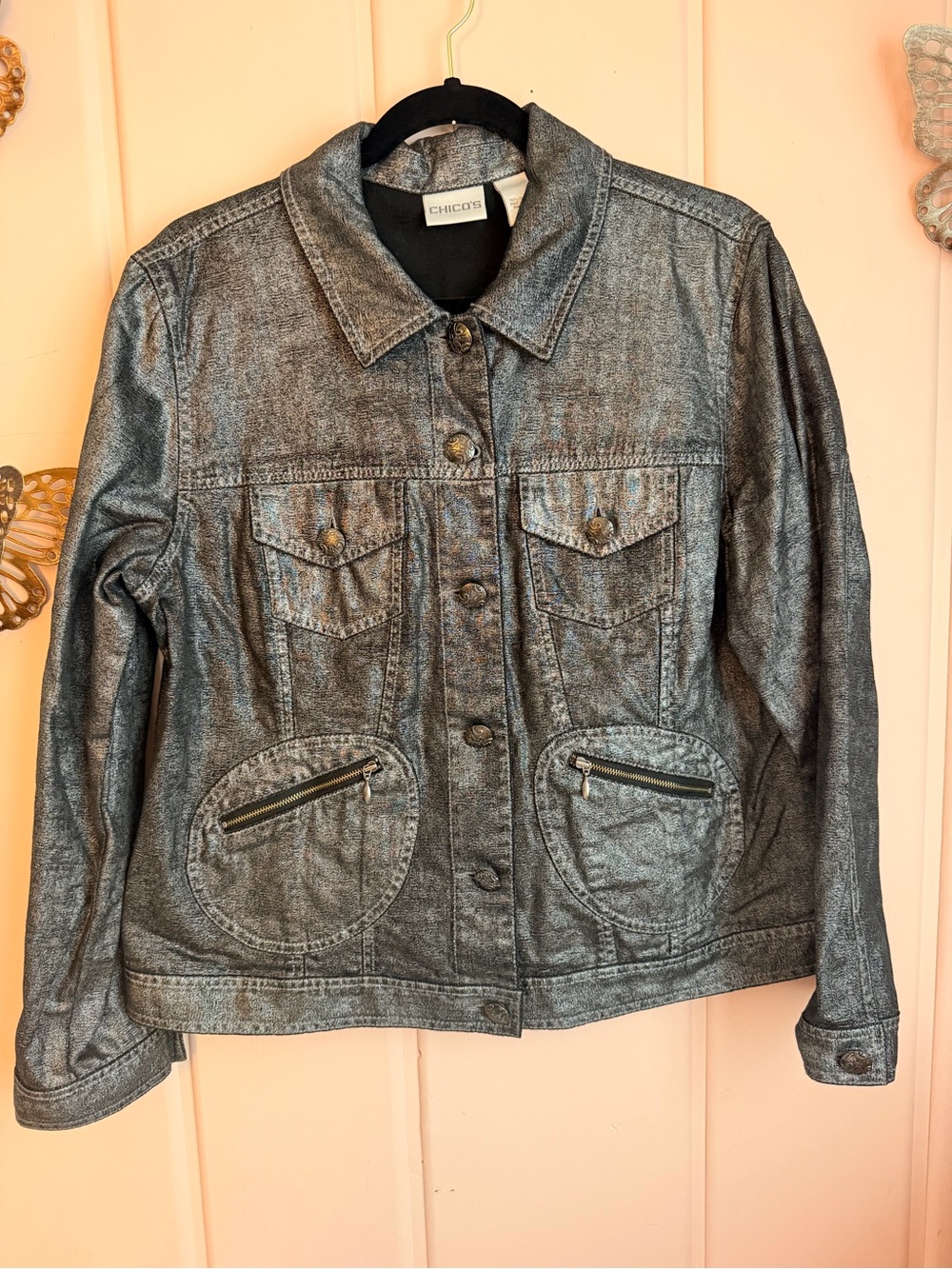 Chico's Shimmery Metallic Gray Jean Jacket